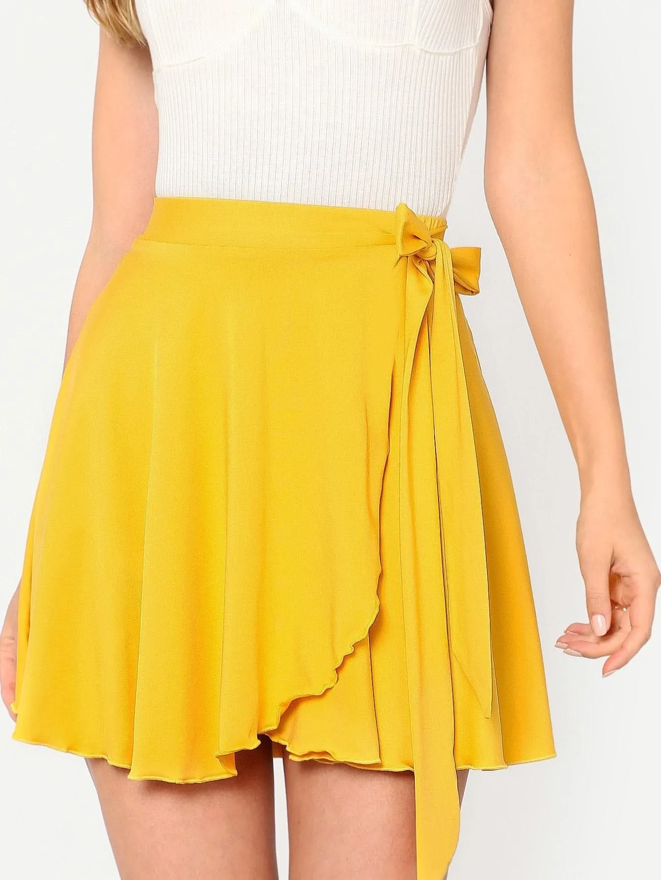 High Waist Solid Wrap Tie Side Skater Skirt