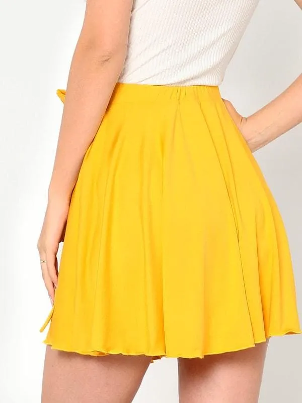 High Waist Solid Wrap Tie Side Skater Skirt