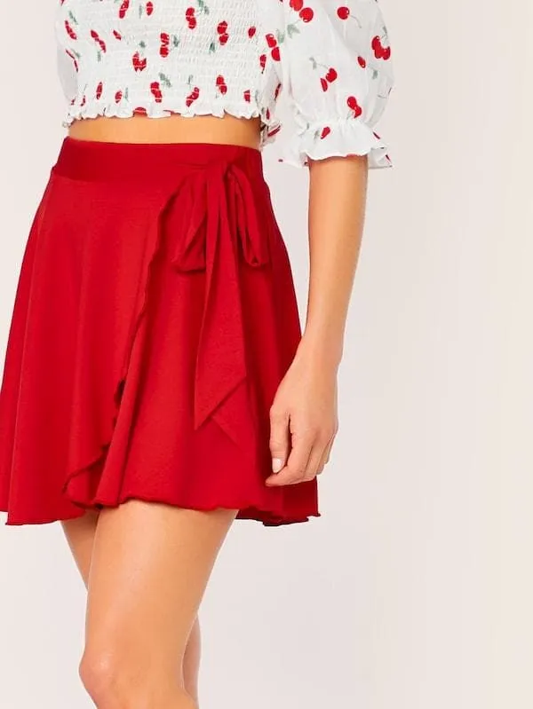 High Waist Solid Wrap Tie Side Skater Skirt