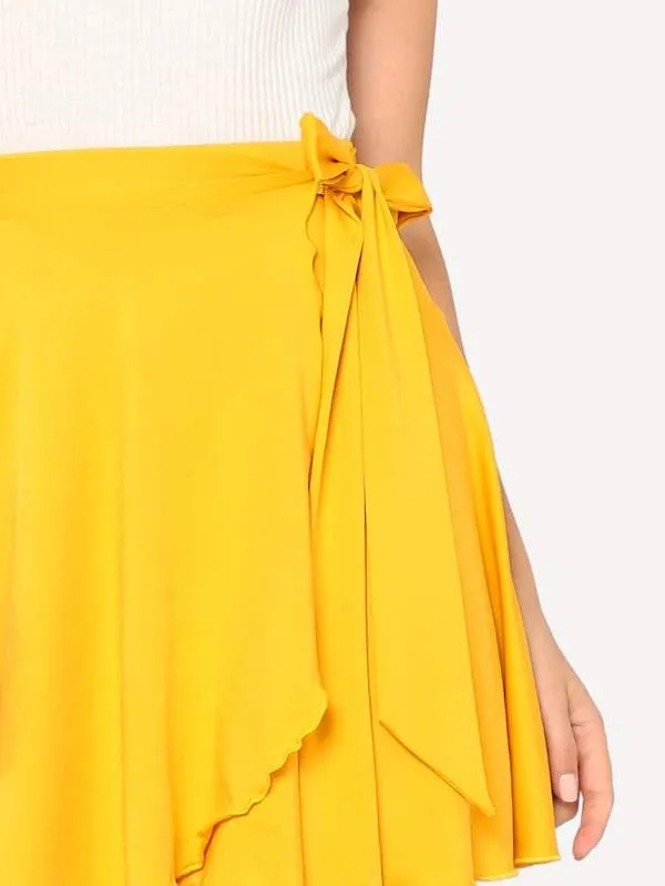 High Waist Solid Wrap Tie Side Skater Skirt