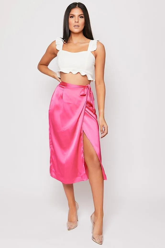 Lainee - Pink Wrap Tie Side Satin Wrap Midi Skirt