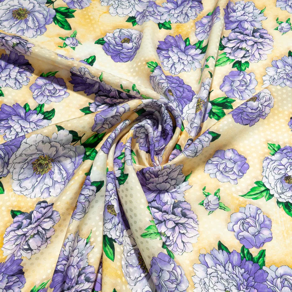 Lavender Floral Printed Yellow Silk Jacquard