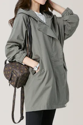 Loose Fit Hooded Zip Front Trench Coat