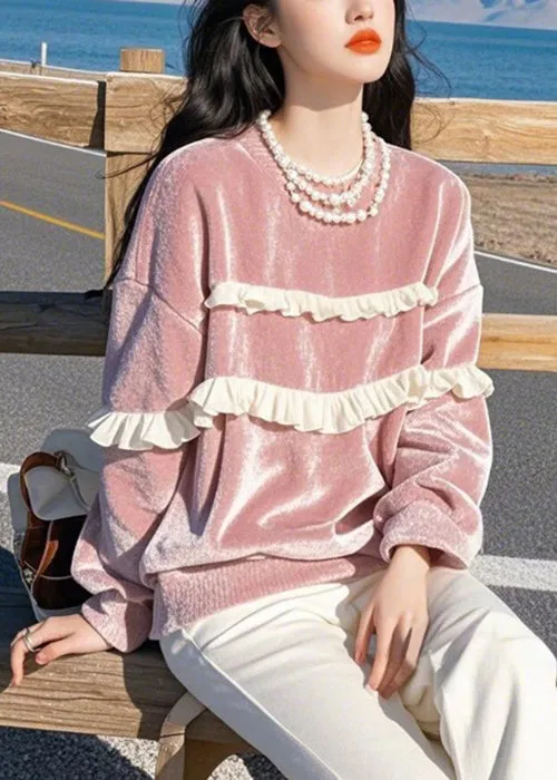 Loose Pink O-Neck Ruffled Silk Velour T Shirts Winter WK020