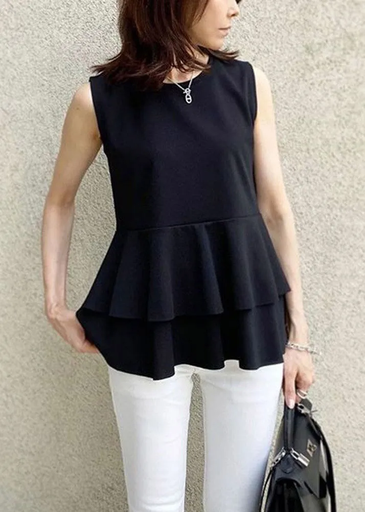 Modern Black O-Neck Ruffled Chiffon T Shirts Summer LY1972