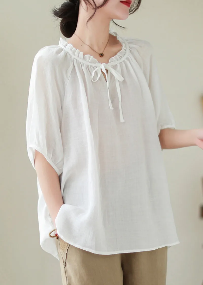 Modern White Lace Up Ruffled Linen Shirts Summer LY5308