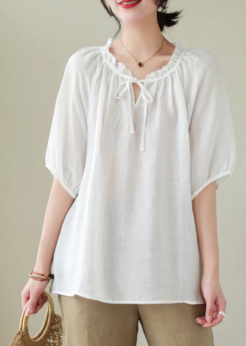 Modern White Lace Up Ruffled Linen Shirts Summer LY5308