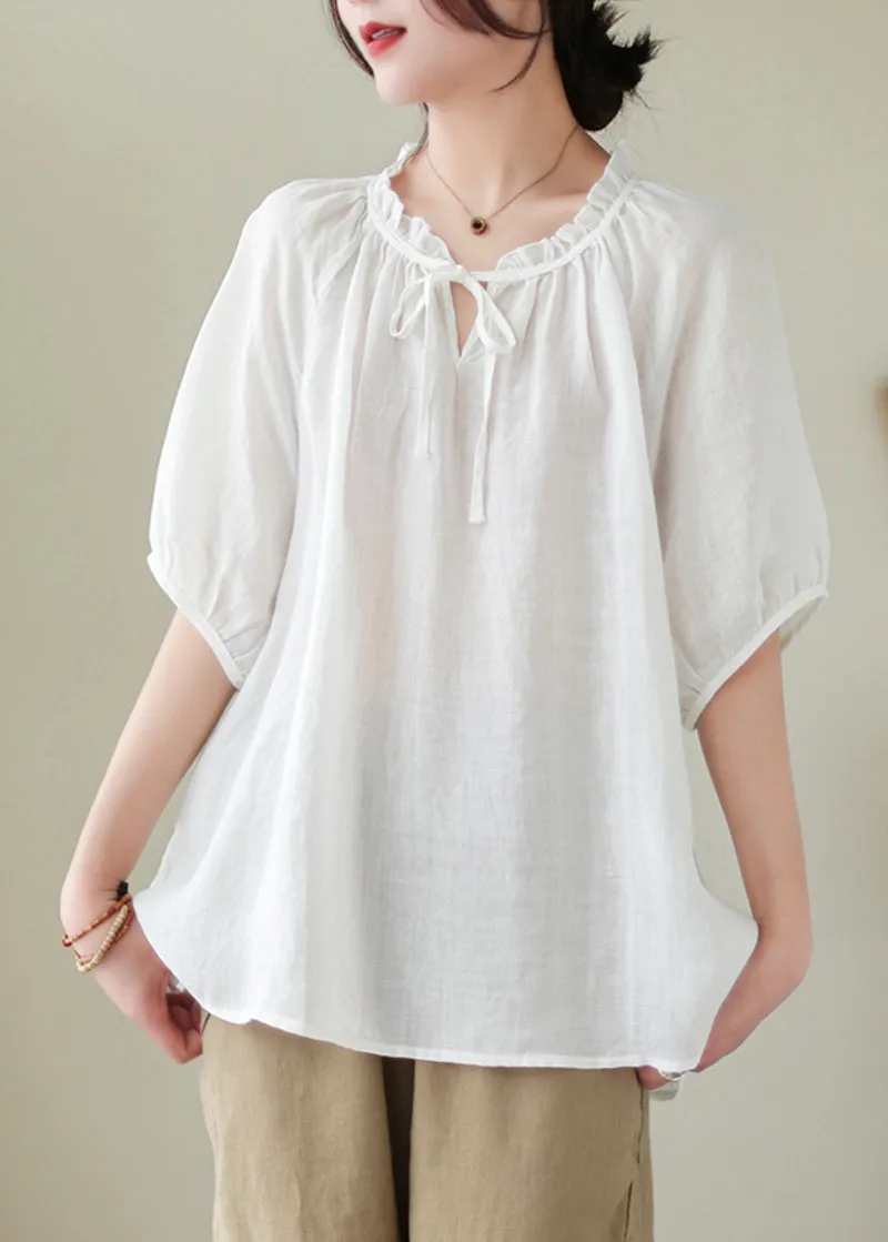 Modern White Lace Up Ruffled Linen Shirts Summer LY5308