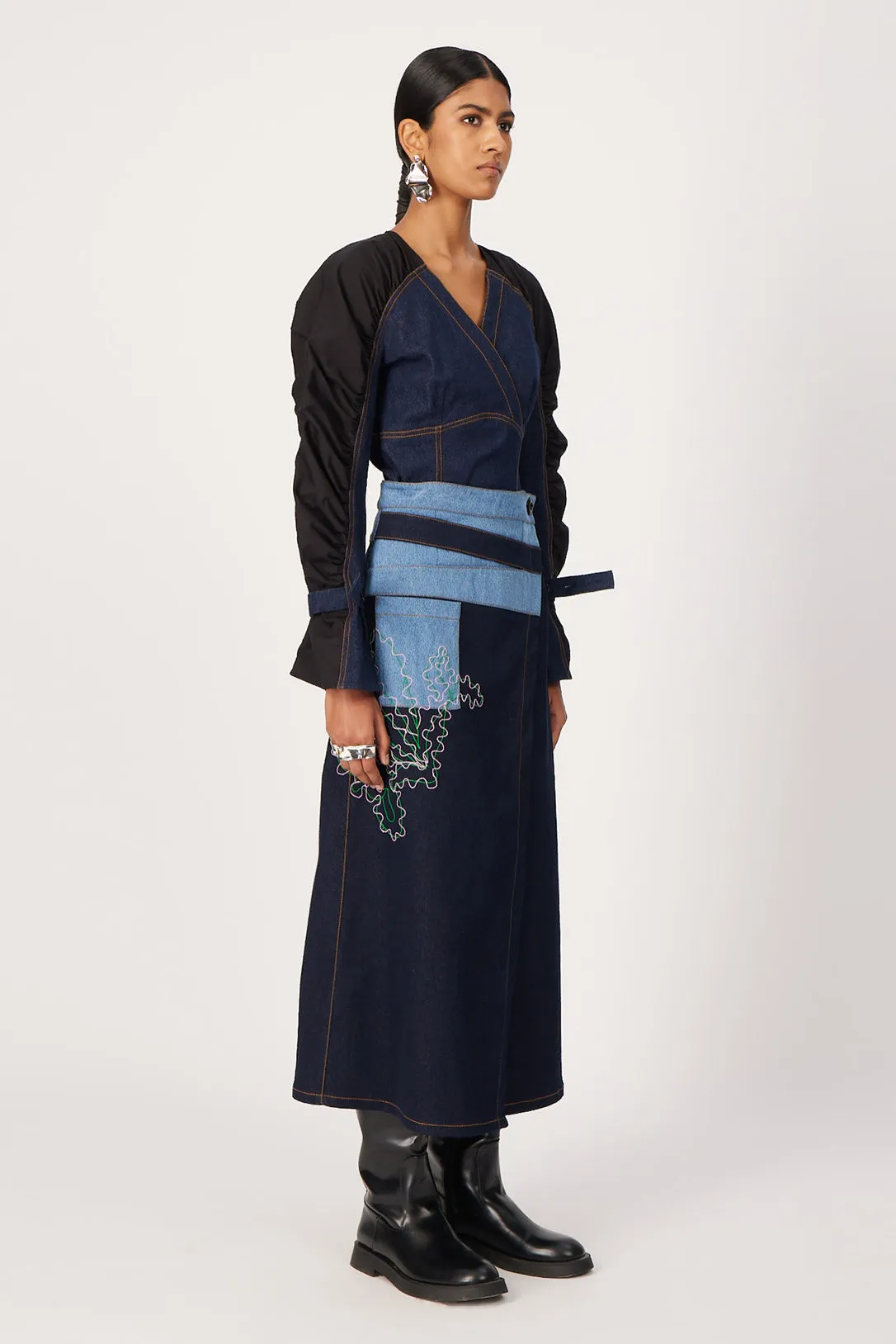 moon flower denim wrap skirt