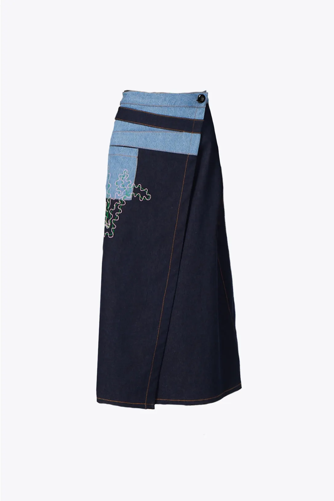 moon flower denim wrap skirt