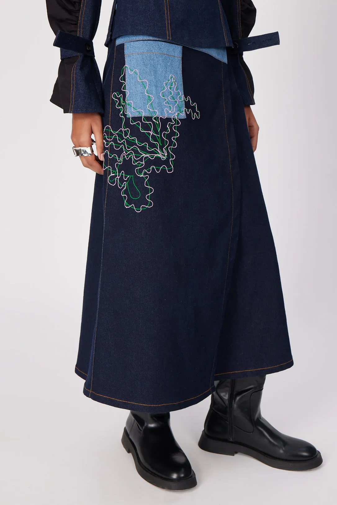 moon flower denim wrap skirt