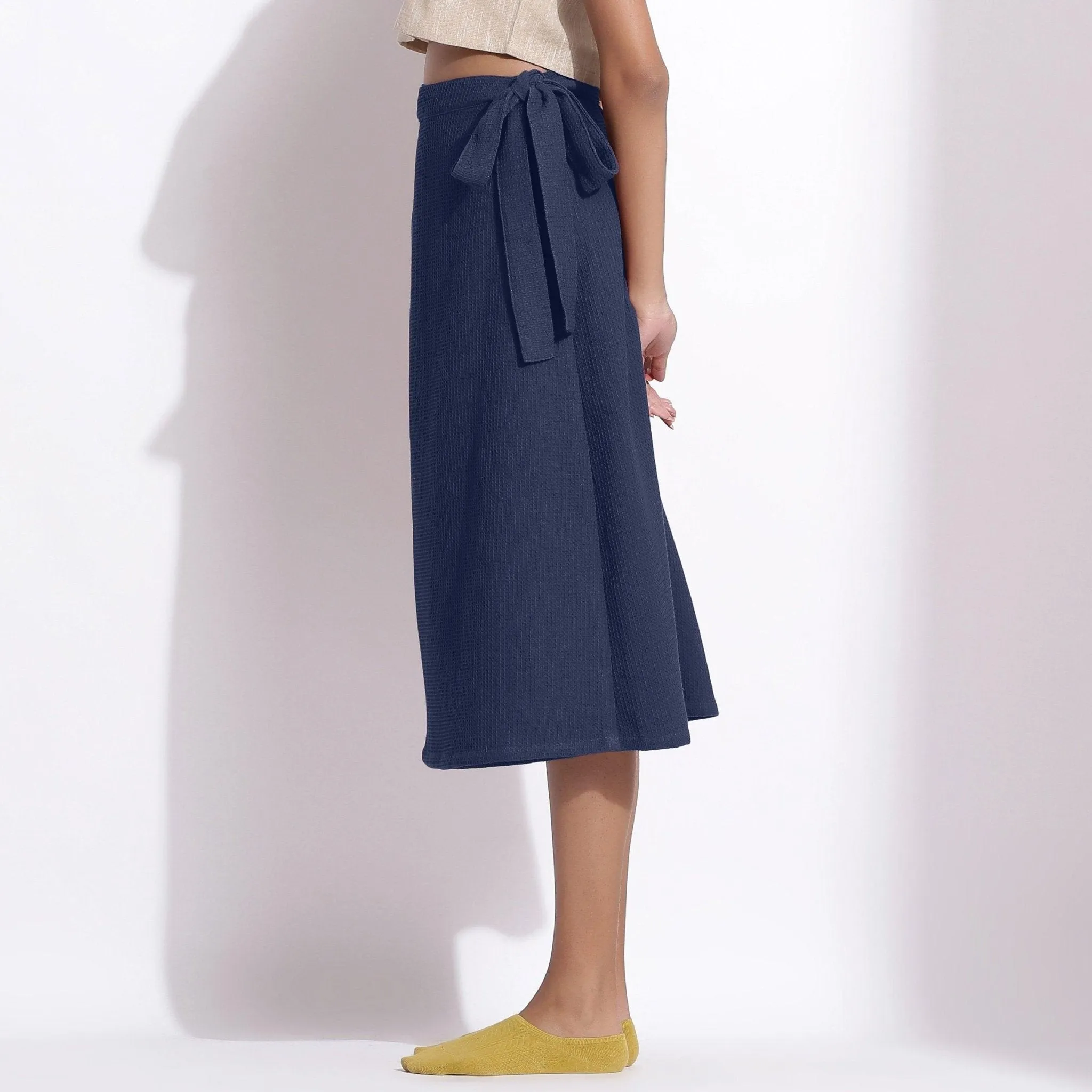 Navy Blue Warm Cotton Waffle Midi Wrap Skirt