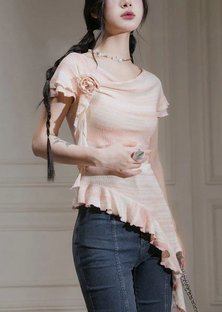 New Pink Asymmetrical Ruffled Cotton T Shirts Summer KK065