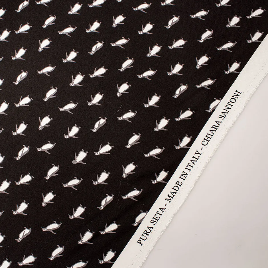 Penguin Printed Black Silk Twill (A 2.85m Piece)