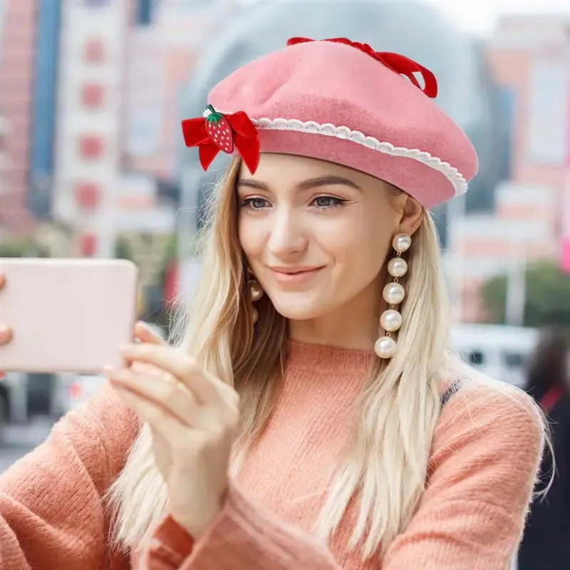 Pink Strawberry Beret Hat