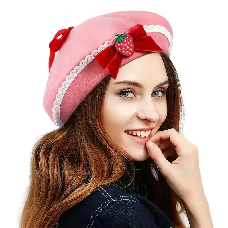 Pink Strawberry Beret Hat