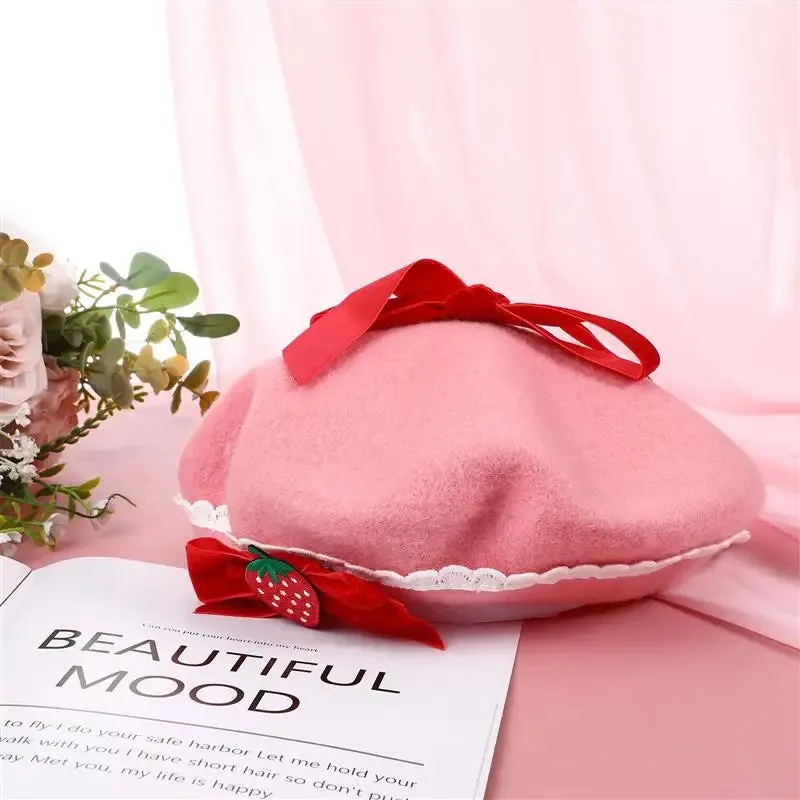 Pink Strawberry Beret Hat