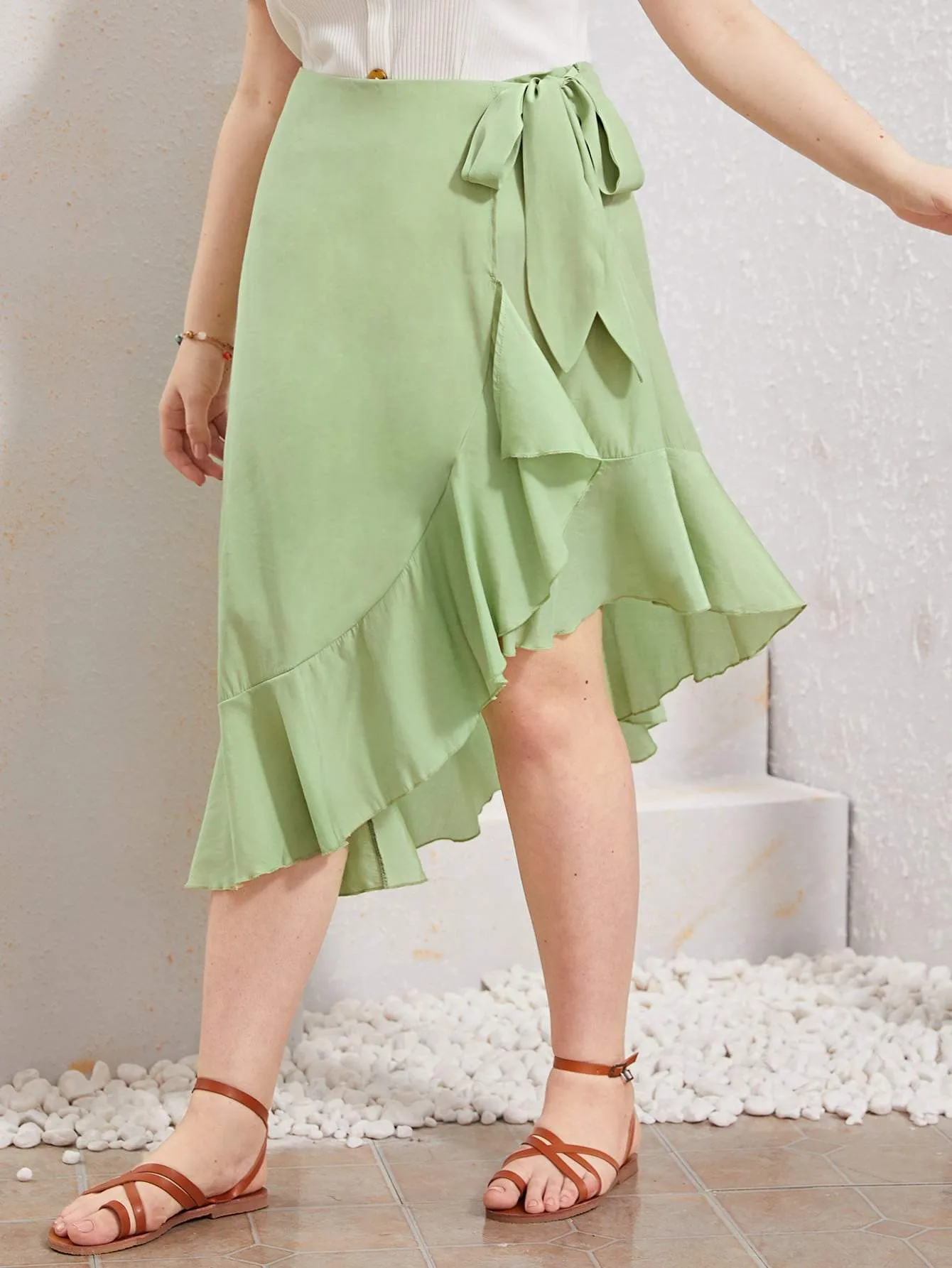 Plus Side Knot Ruffle Hem Wrap Skirt