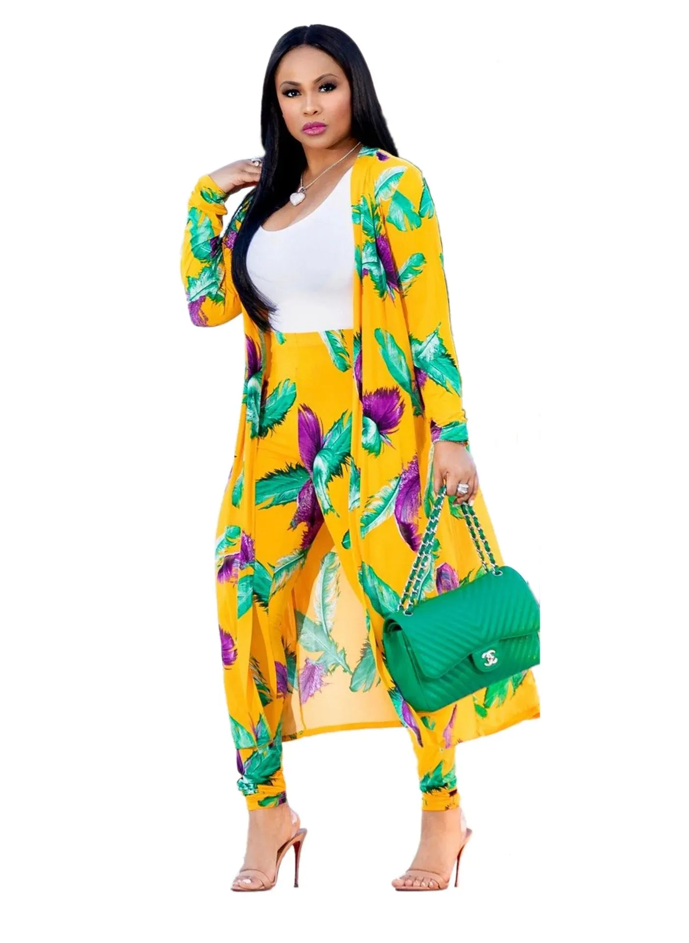 Print Cardigan Long Trench Top and Bodycon Pant Set