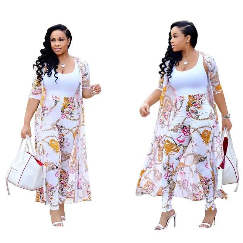 Print Cardigan Long Trench Top and Bodycon Pant Set