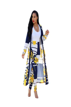 Print Cardigan Long Trench Top and Bodycon Pant Set