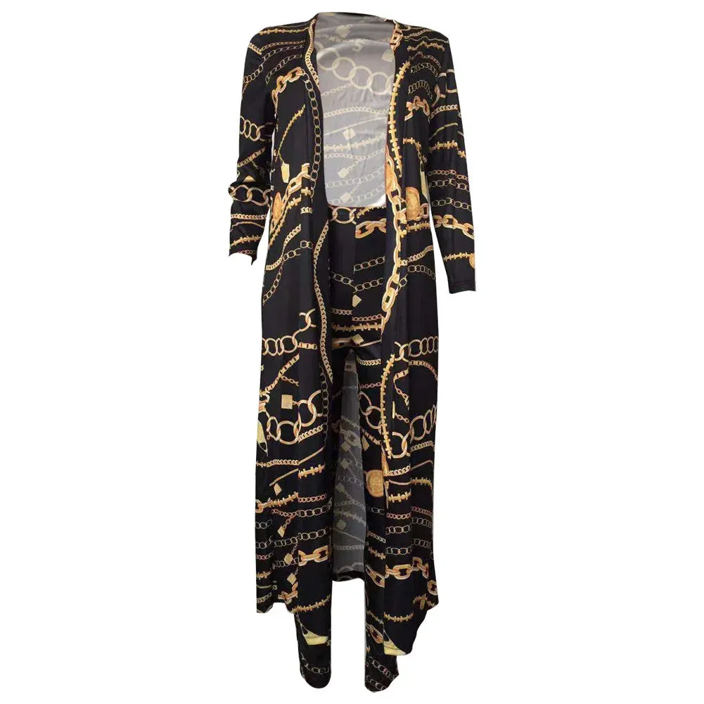 Print Cardigan Long Trench Top and Bodycon Pant Set