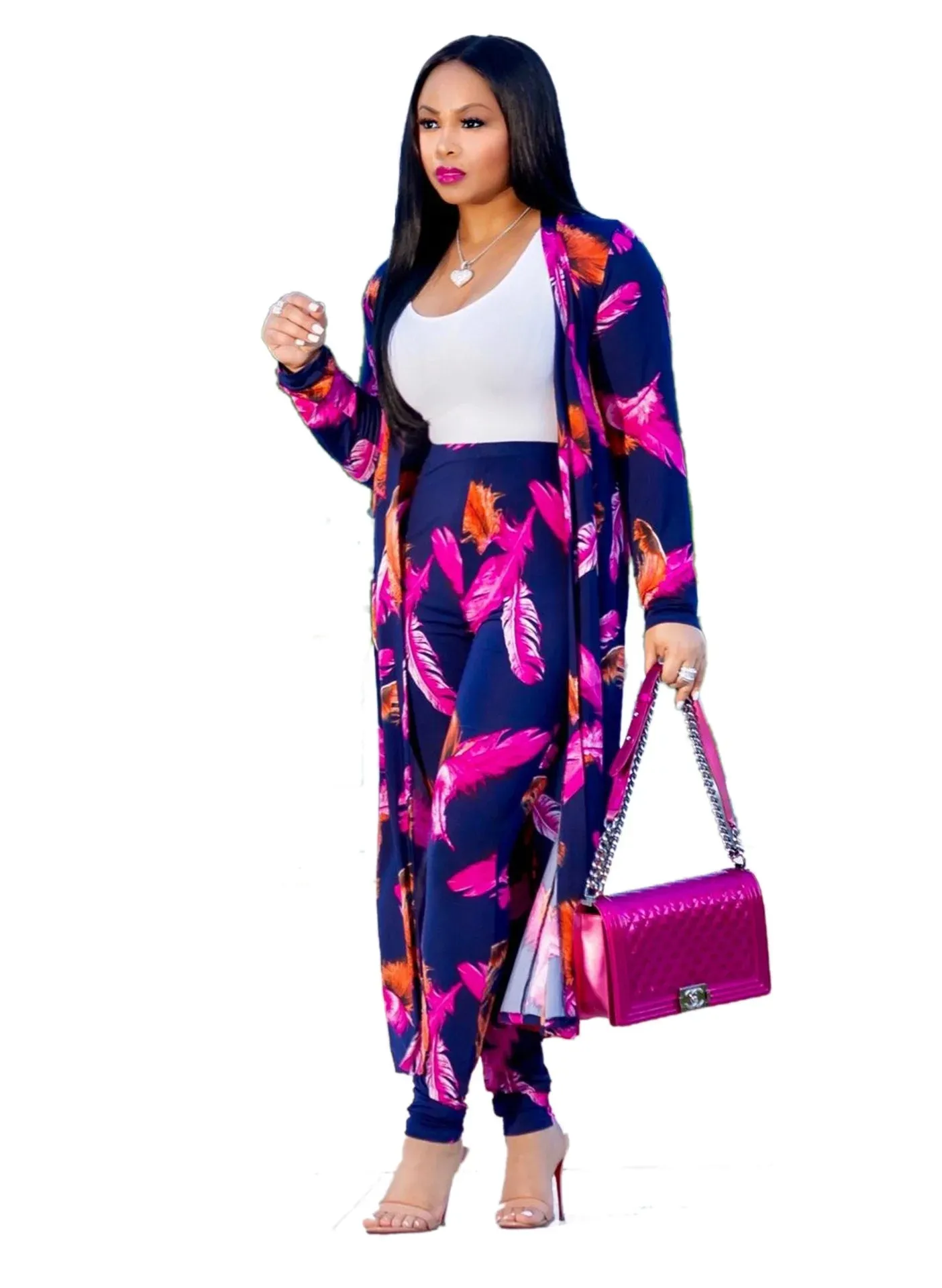 Print Cardigan Long Trench Top and Bodycon Pant Set