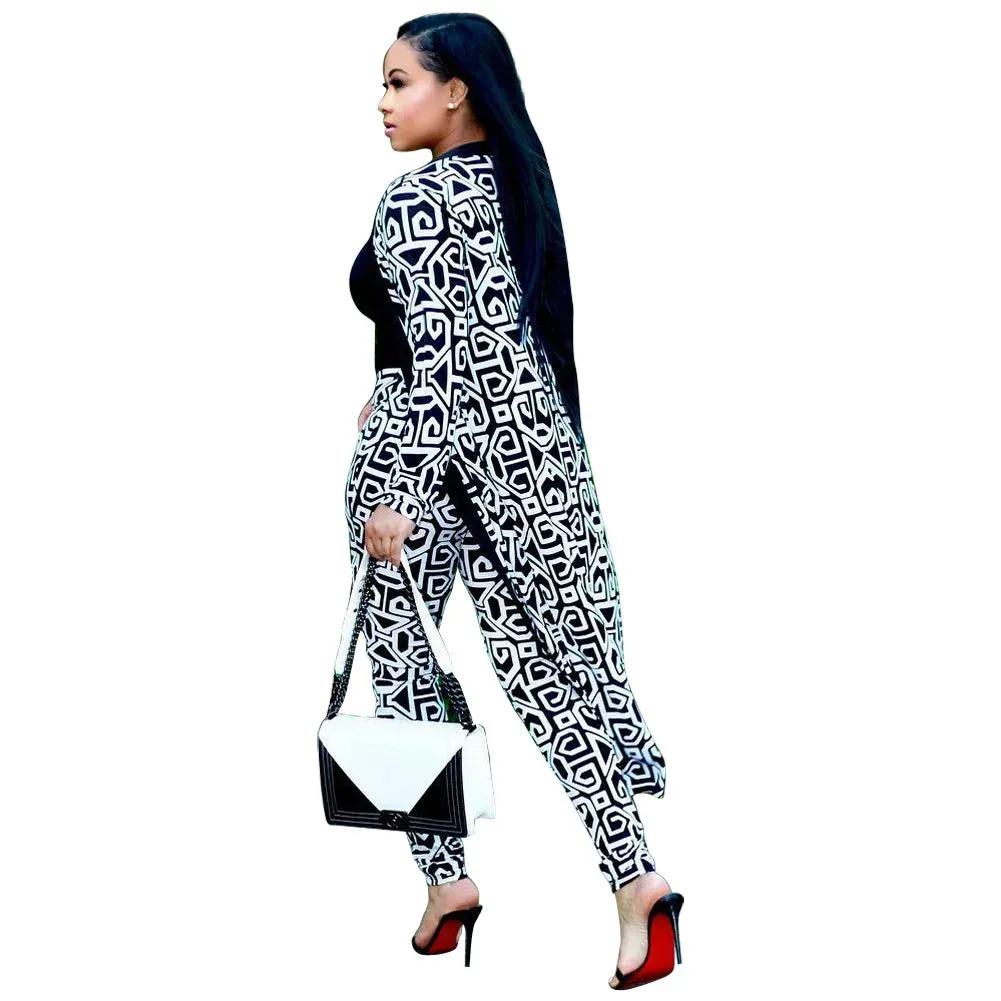 Print Cardigan Long Trench Top and Bodycon Pant Set