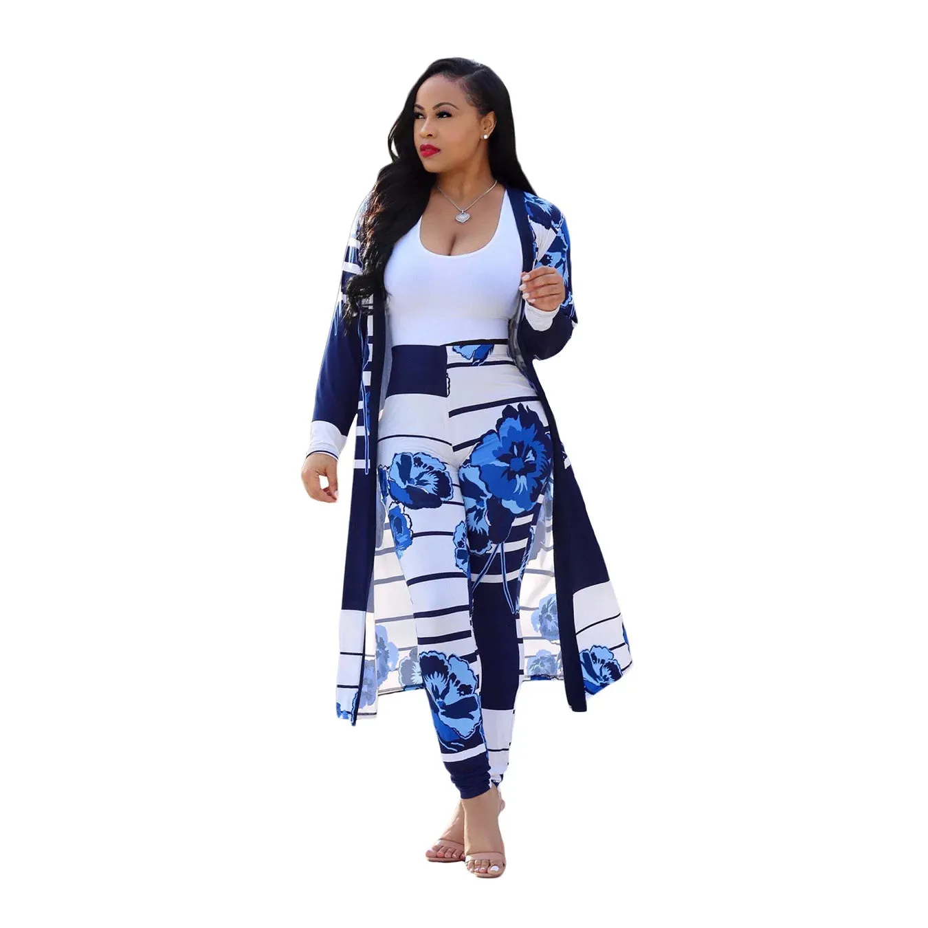 Print Cardigan Long Trench Top and Bodycon Pant Set