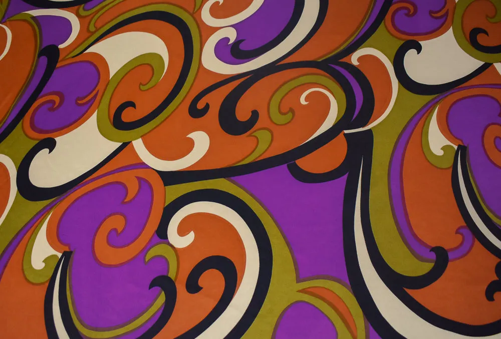 Purple-Copper-Multi Retro Swirl Pattern Printed Stretch Silk Jersey Knit Fabric