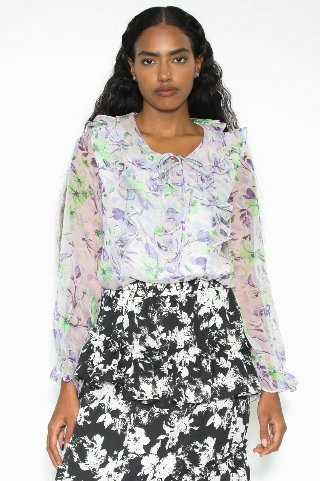 Silk Organza Printed Ruffled Floral Blouse