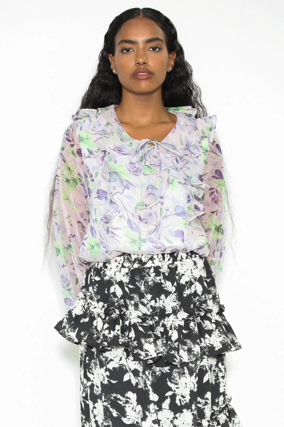 Silk Organza Printed Ruffled Floral Blouse