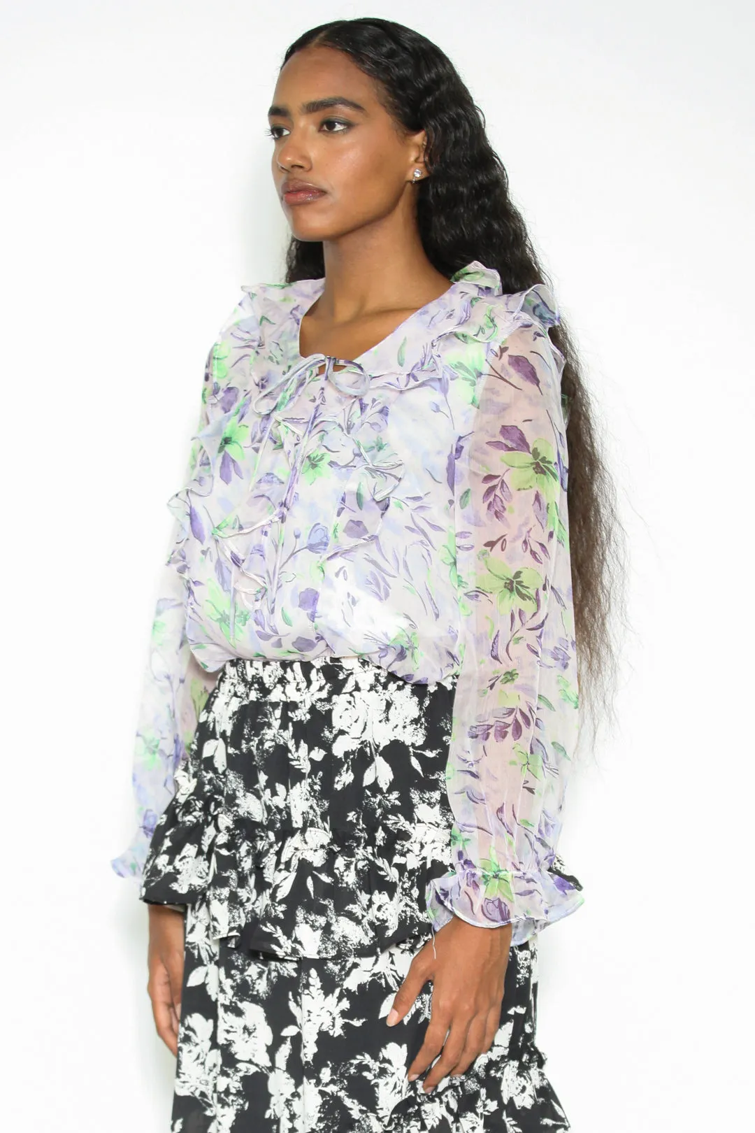 Silk Organza Printed Ruffled Floral Blouse