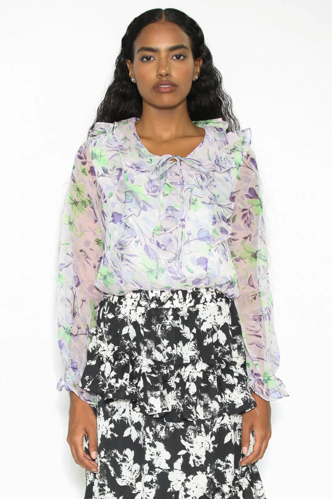 Silk Organza Printed Ruffled Floral Blouse