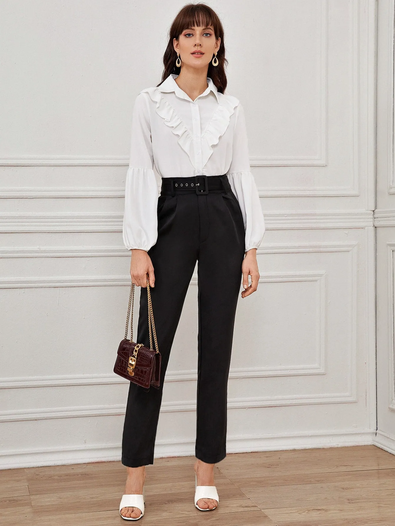 Solid Eyelet Buckle Belted Tailored Pants