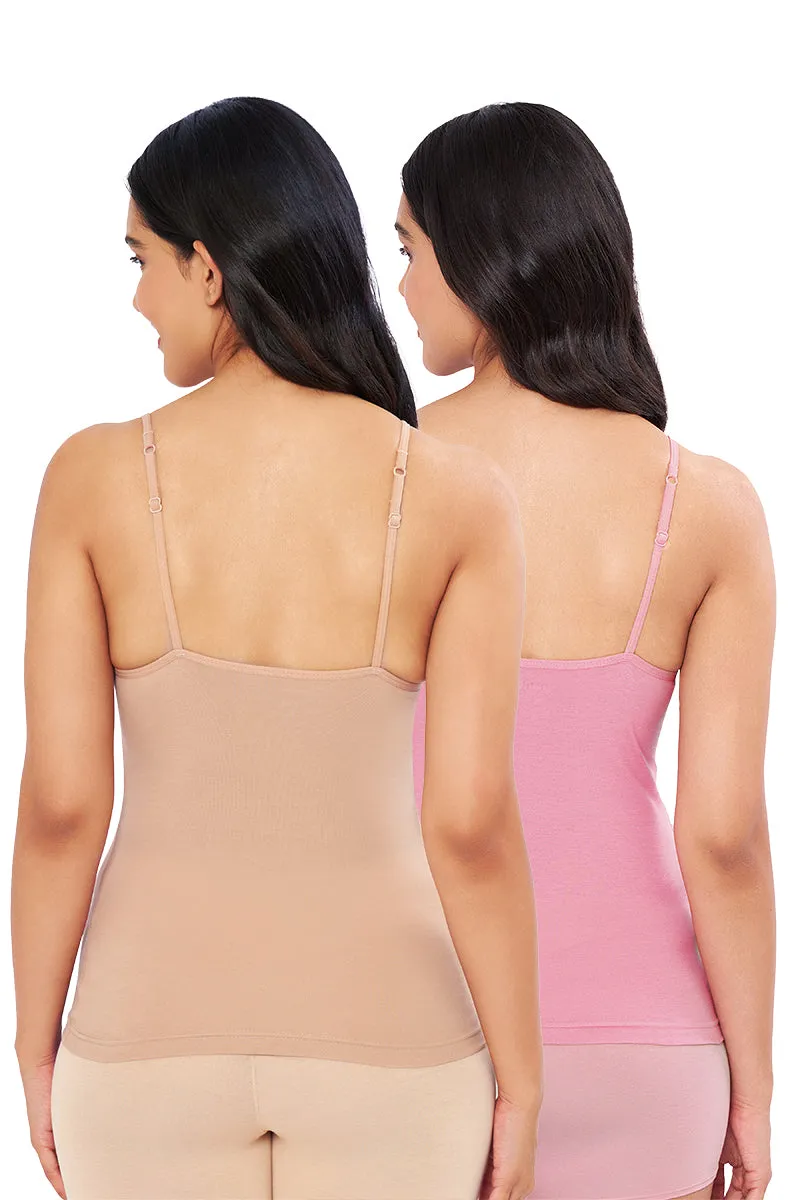 Solid High Coverage Round Neck Cotton Camisole (Pack of 2) - Nude - Wild Rose