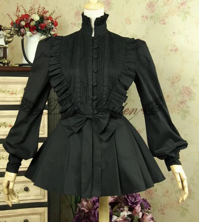 Vintage Cascading Ruffles Women's Lantern Sleeve Black Lolita Blouse with Bow