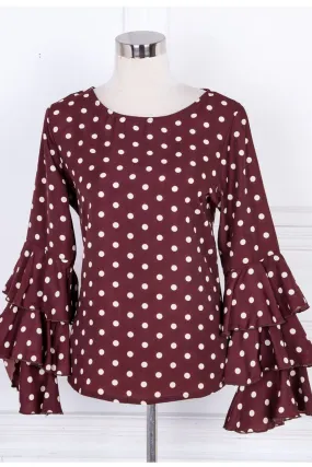 Women Ruffled Sleeve Polka Dot Casual Top - C426JPSB