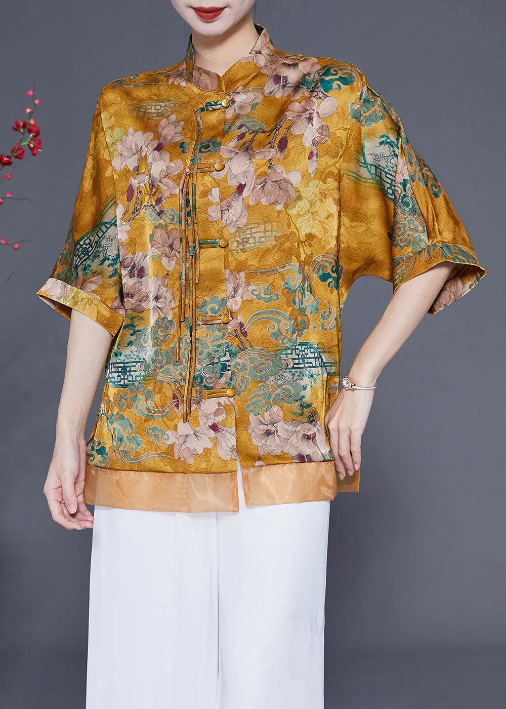 Women Yellow Stand Collar Patchwork Tassel Silk Blouses Half Sleeve LY1856