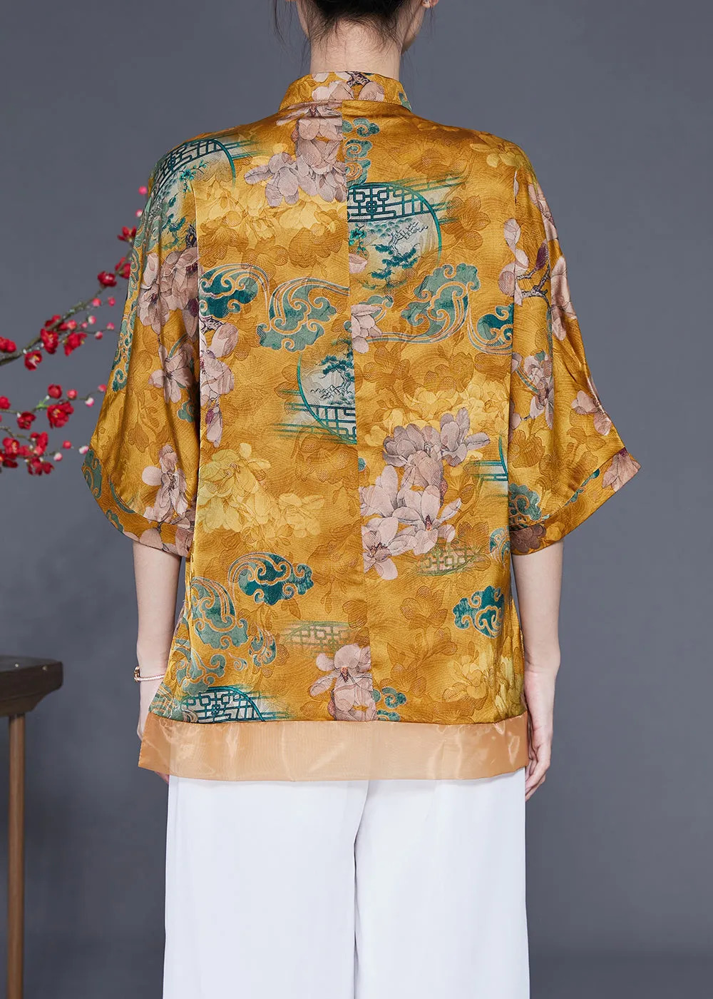 Women Yellow Stand Collar Patchwork Tassel Silk Blouses Half Sleeve LY1856