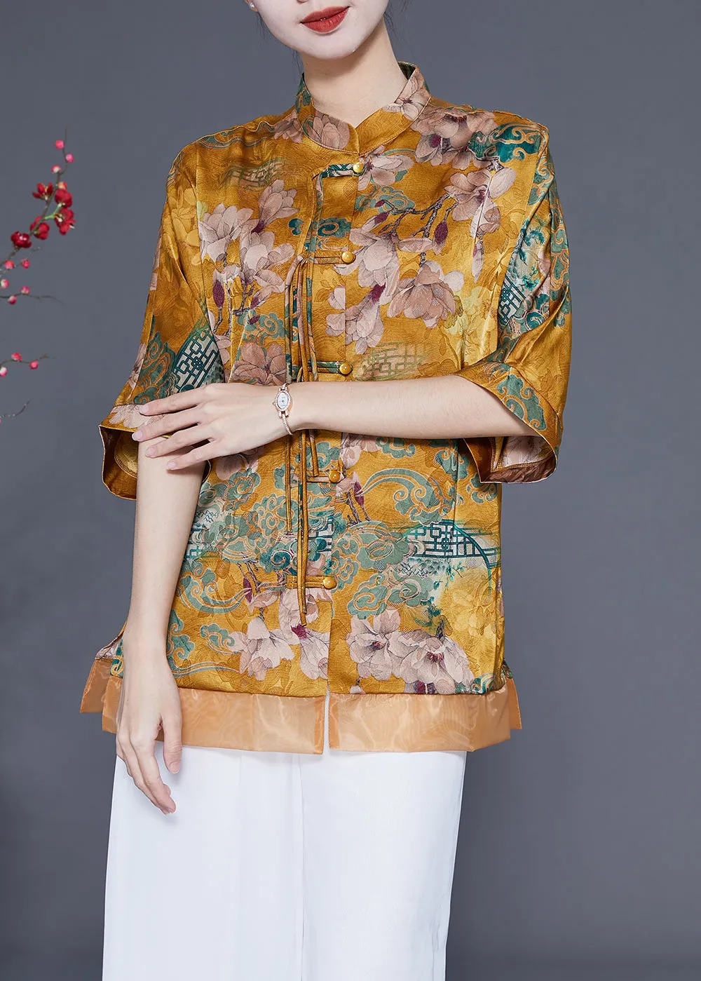 Women Yellow Stand Collar Patchwork Tassel Silk Blouses Half Sleeve LY1856