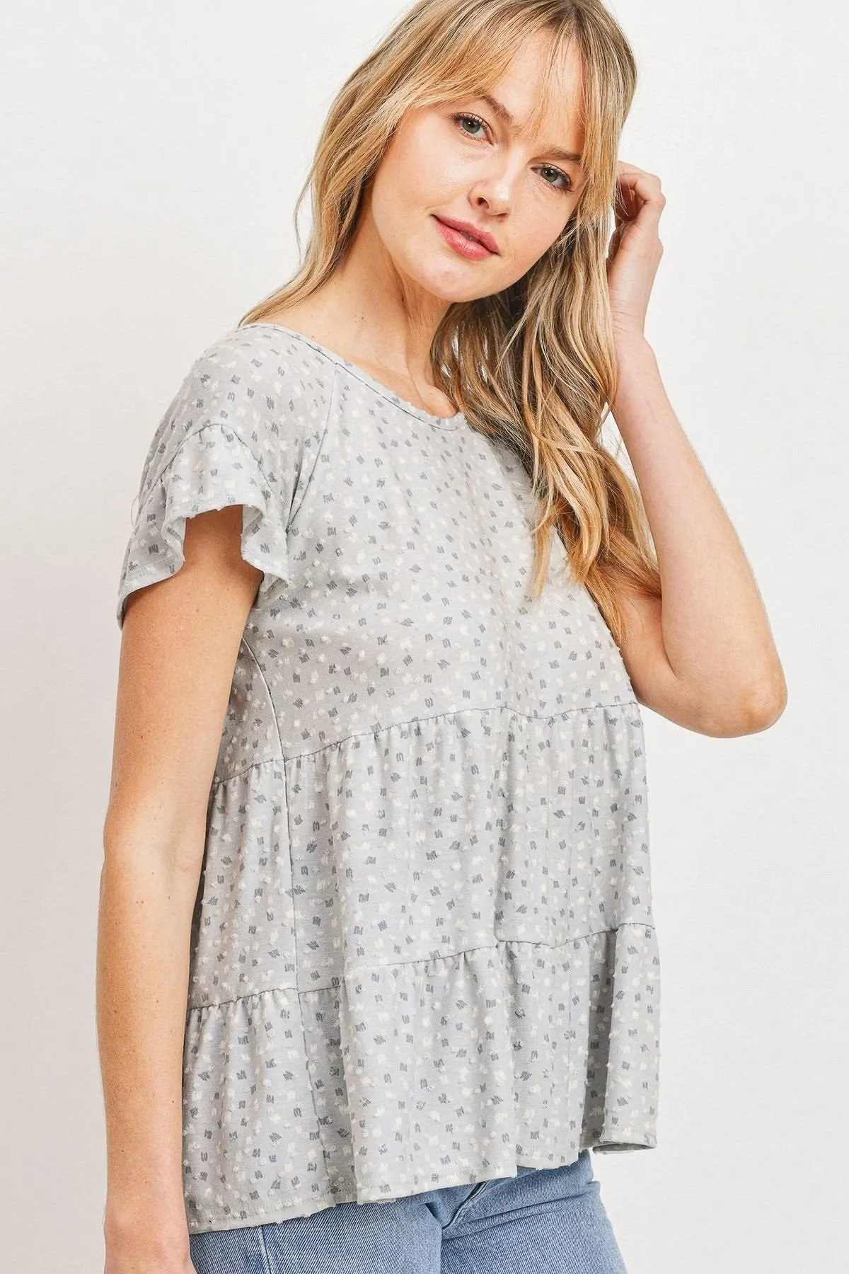 Women's Dot Textured Print Jersey Ruffled Short Sleeve Top