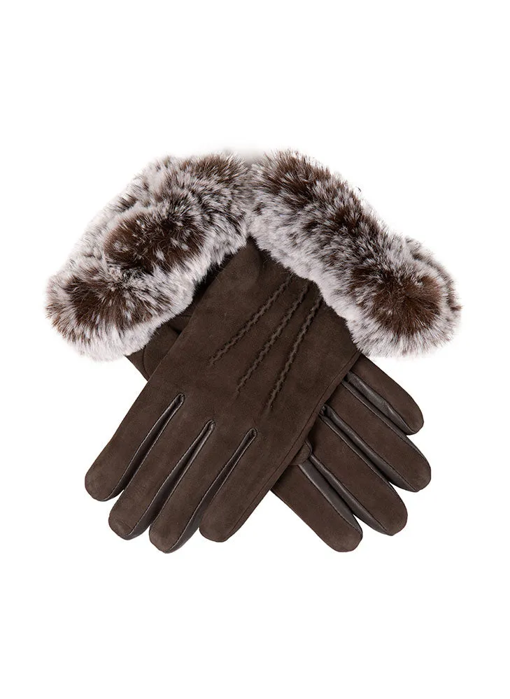 Women’s Water-Resistant Three-Point Faux Fur-Lined Nubuck Leather Gloves with Faux Fur Cuffs