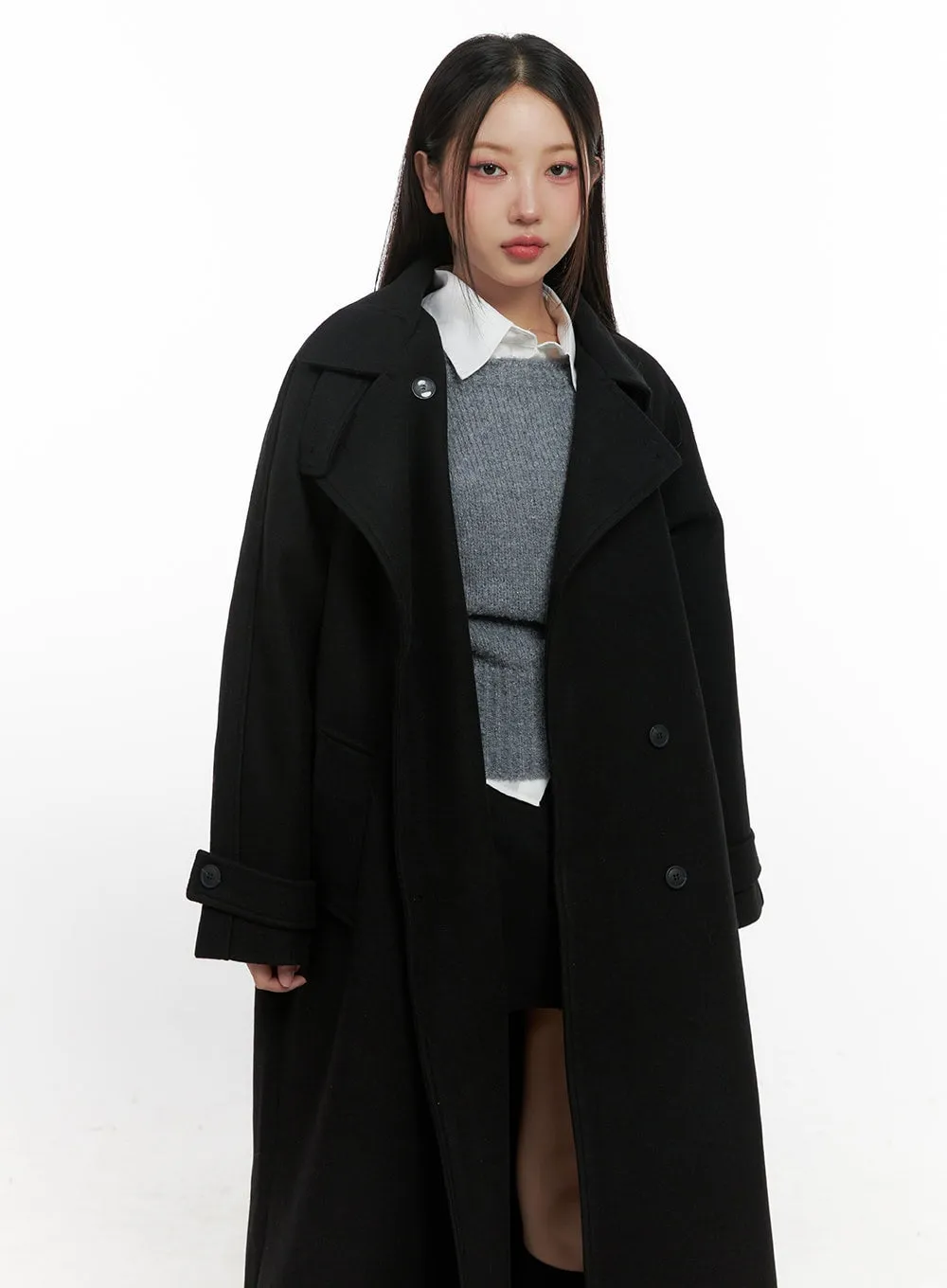 Wool Blend Long Sleeve Trench Coat CN415