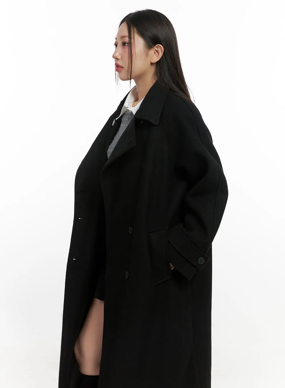 Wool Blend Long Sleeve Trench Coat CN415