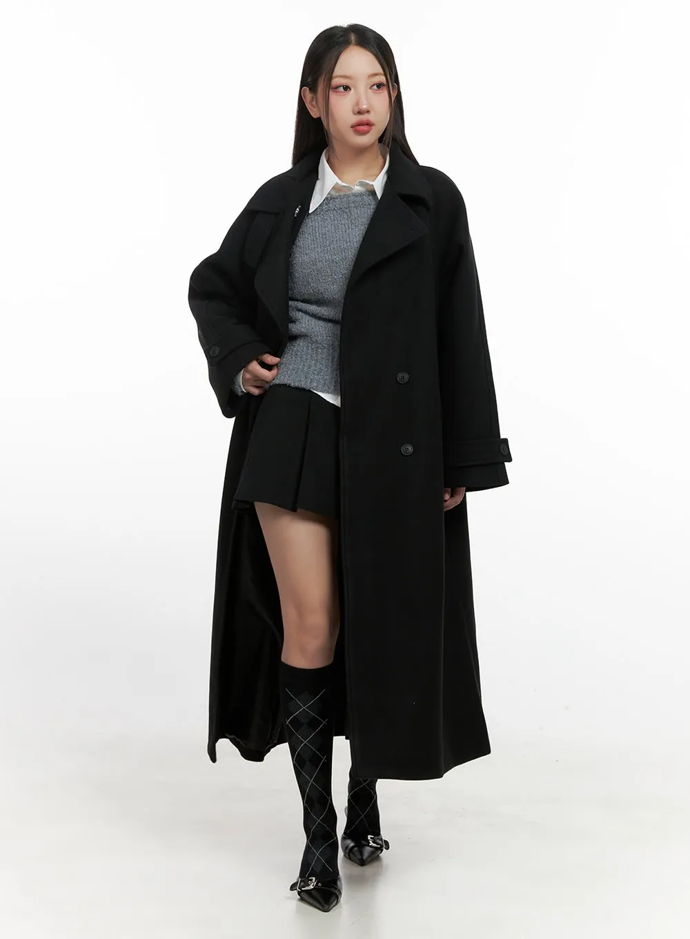 Wool Blend Long Sleeve Trench Coat CN415