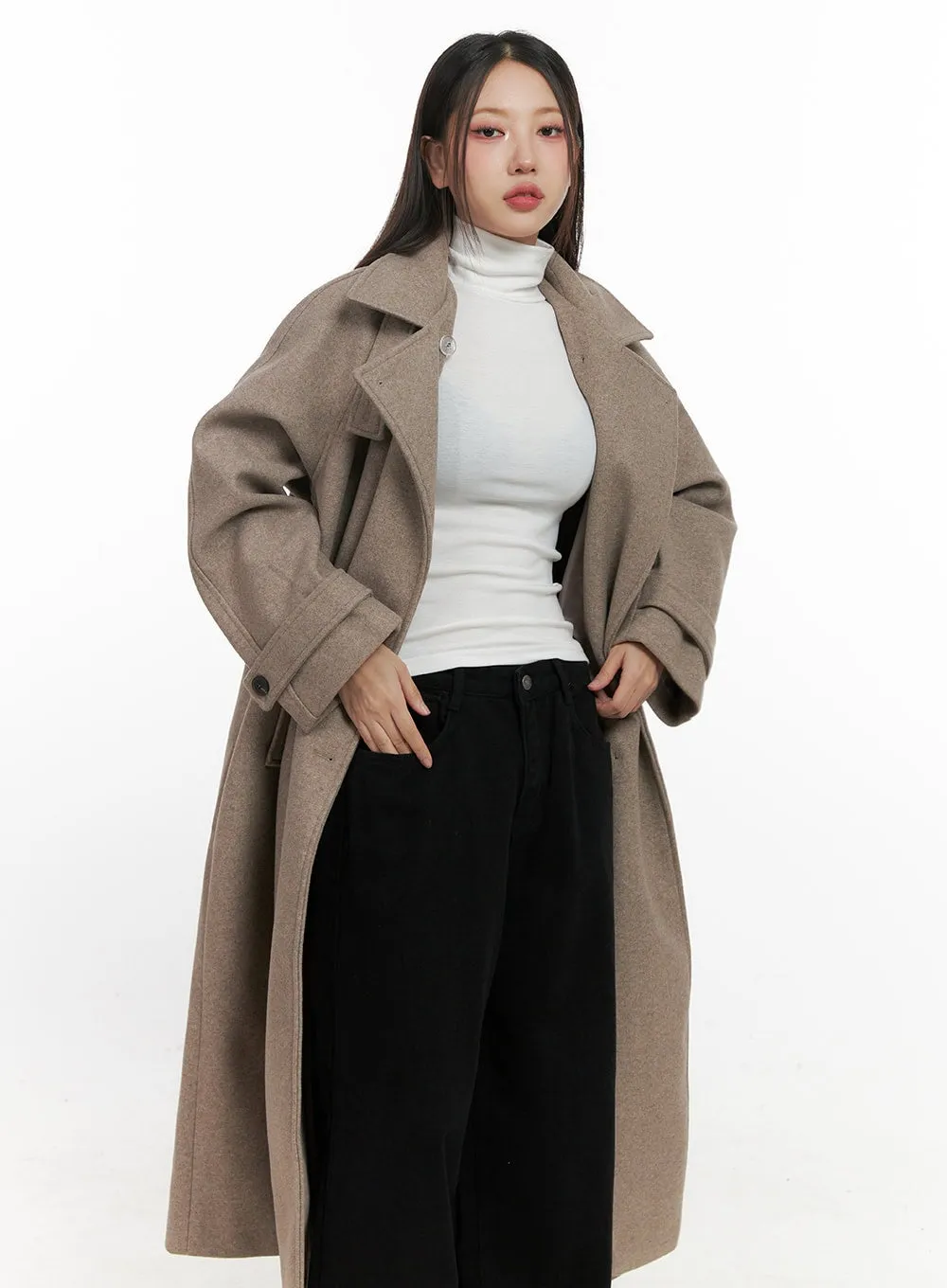 Wool Blend Long Sleeve Trench Coat CN415